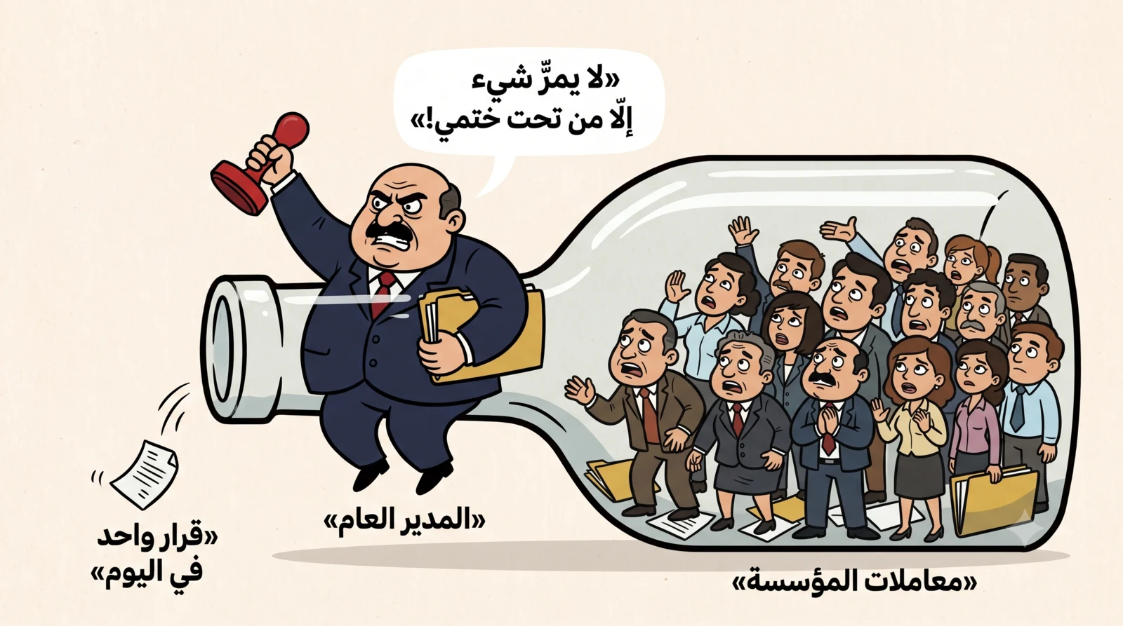 كاريكاتير عنق الزجاجة الإداري: المدير العام يسدّ عنق الزجاجة بجسده رافعاً ختمه بينما تتكدس معاملات المؤسسة خلفه ولا يخرج سوى قرار واحد في اليوم.