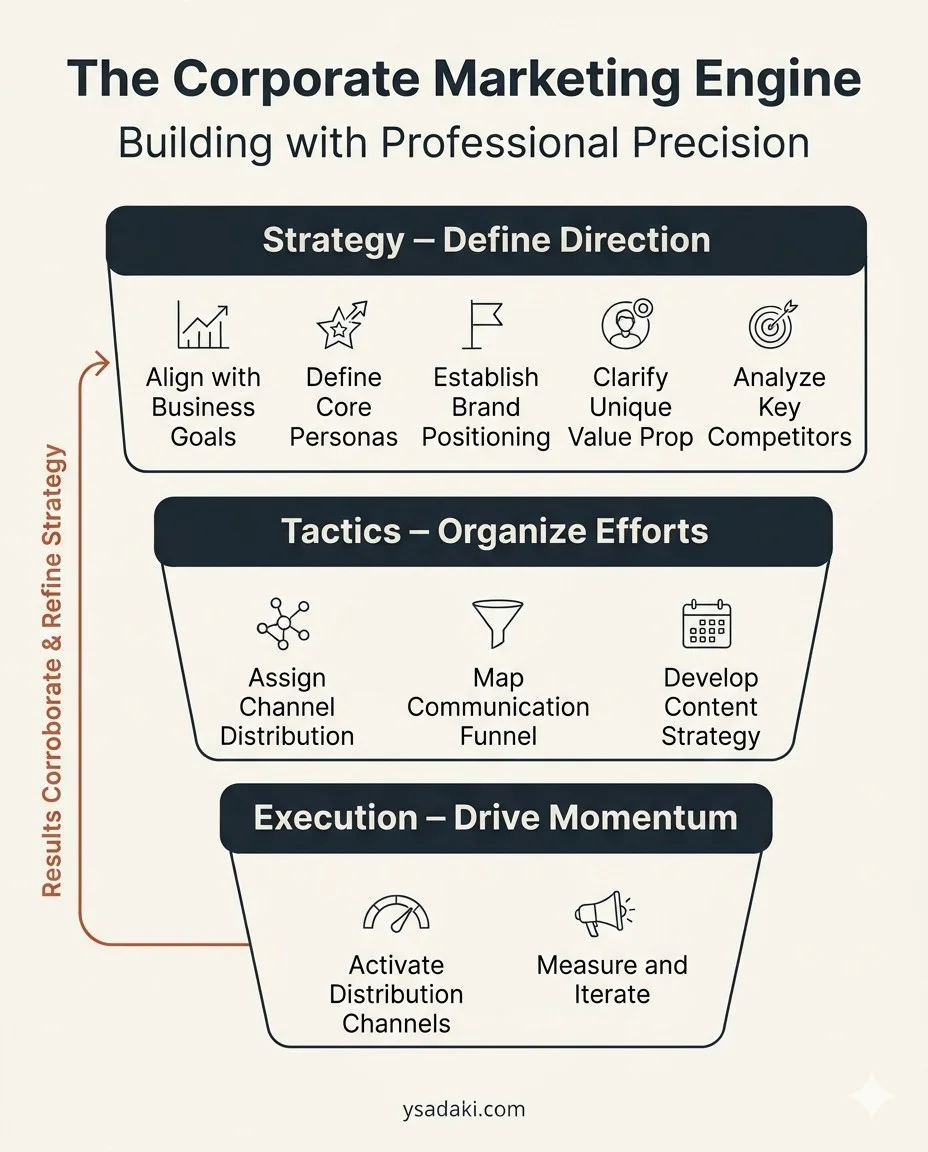 Diagram: the corporate marketing engine in three ordered layers, strategy, then tactics, then execution, with results feeding back to refine the strategy
